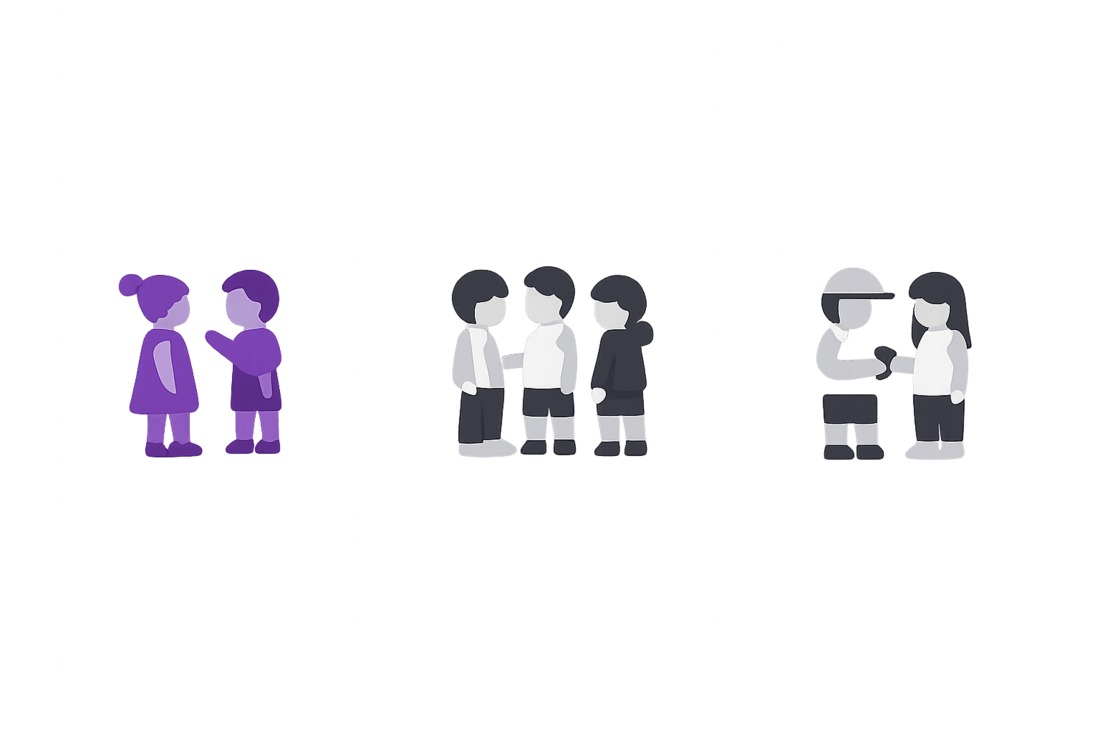 Drei kleine Gruppen von Kindern, eine Gruppe violett hervorgehoben