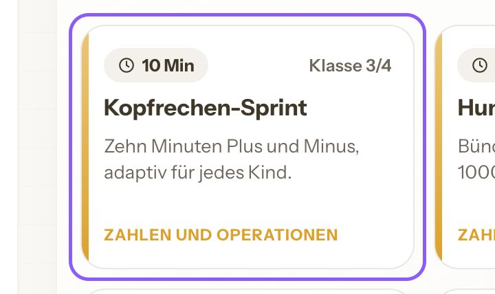 Karte einer Stundenidee: „Kopfrechen-Sprint“, zehn Minuten, Klasse 3/4, Leitidee Zahlen und Operationen.
