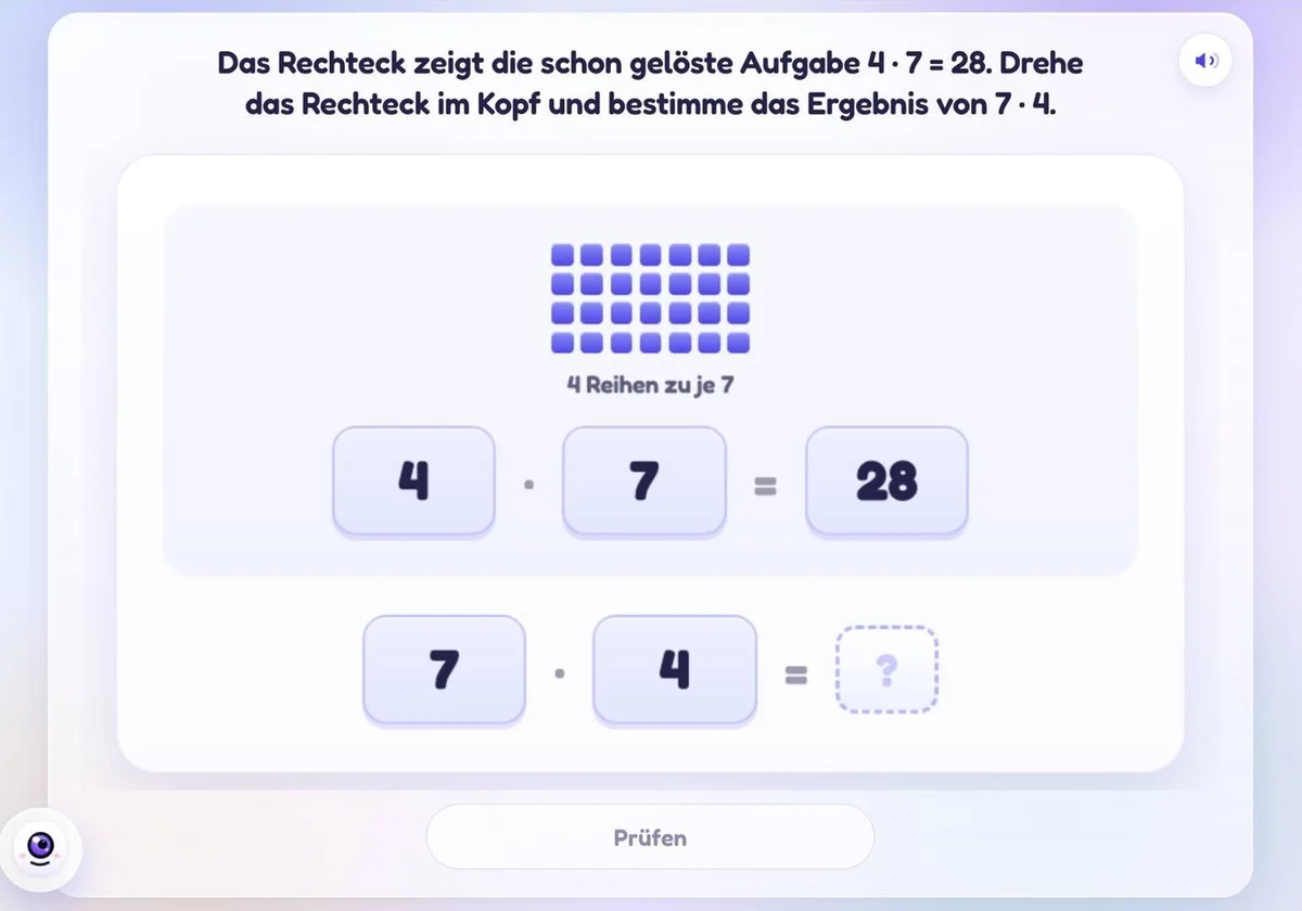 Tauschaufgabe am Punktefeld: aus 4 · 7 = 28 wird 7 · 4