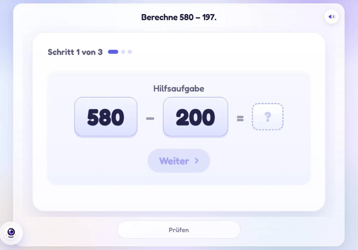 Hilfsaufgabe bei Minus: 580 − 197 über 580 − 200