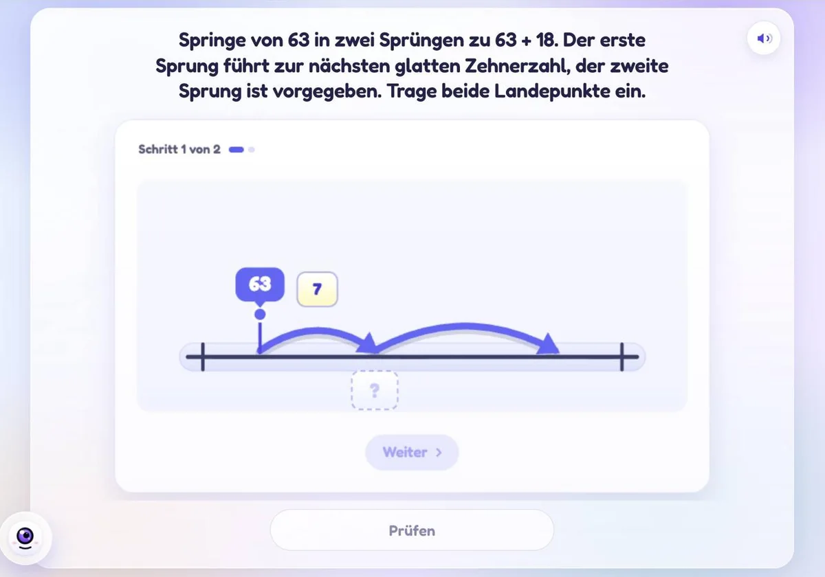 Rechenstrich: von 63 in zwei Sprüngen zu 63 + 18