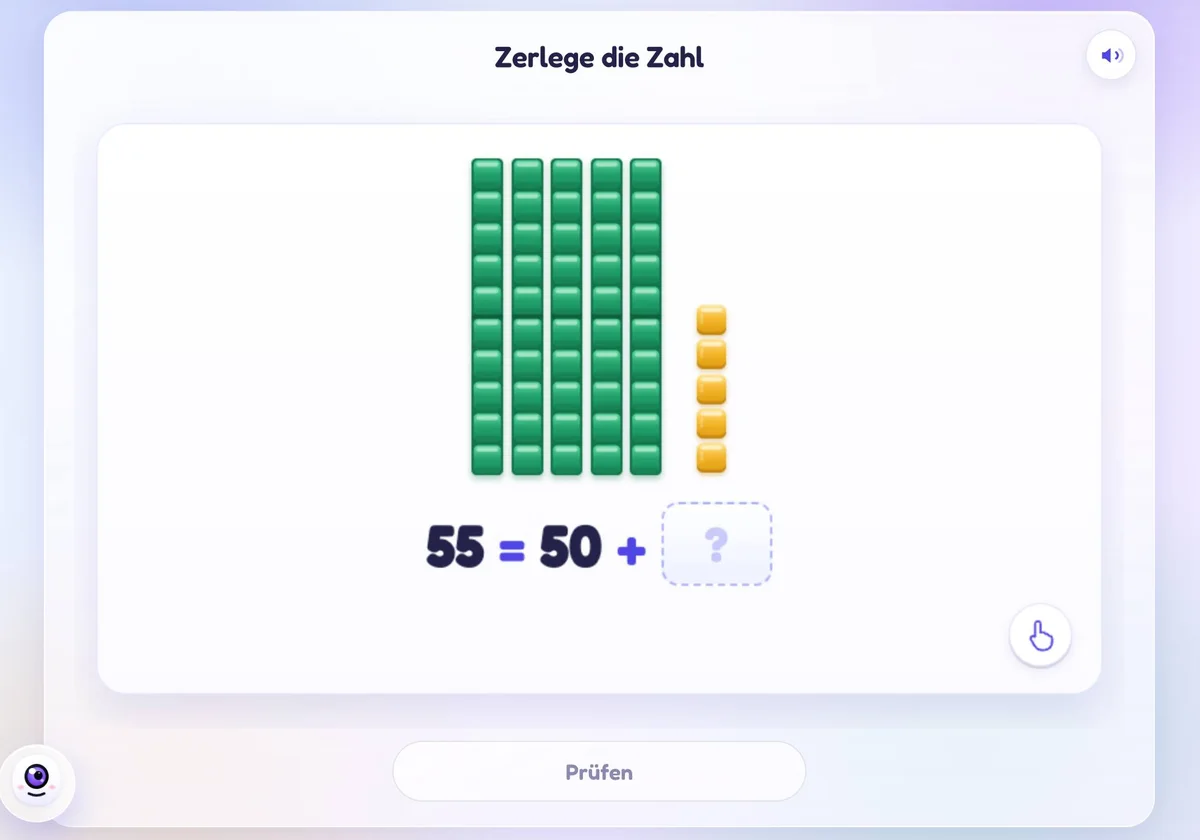 Zahl in Zehner und Einer zerlegen: 55 = 50 + ? mit Zehnerstangen und Einerwürfeln