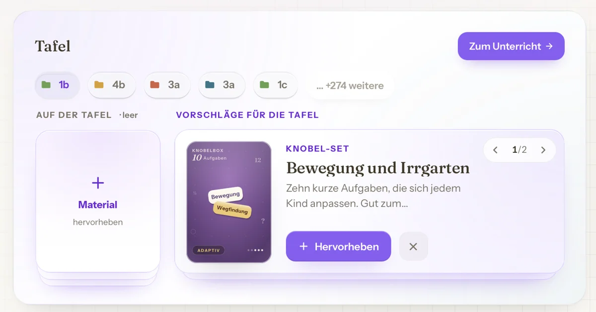 Startseite im Dashboard: die Tafel einer Klasse mit einem Vorschlag, der sich mit „Hervorheben“ auf die Tafel legen lässt.