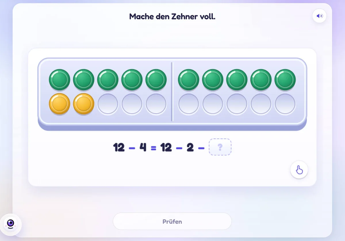 Minus mit Zehnerübergang: 12 − 4 = 12 − 2 − ?
