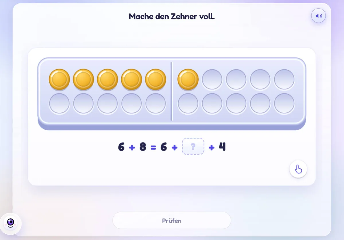 Aufgabe zum Zehnerübergang: 6 + 8 am Zwanzigerfeld, zerlegt in 6 + 4 + 4